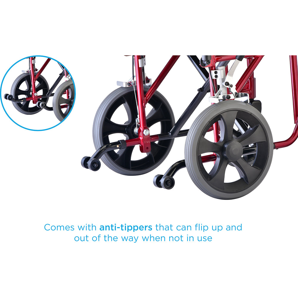 Heavy Duty Transport Chair with 12" Wheels, Hand Brakes, Removable Arms - 22" Extra Wide with Swing Away Red 332R