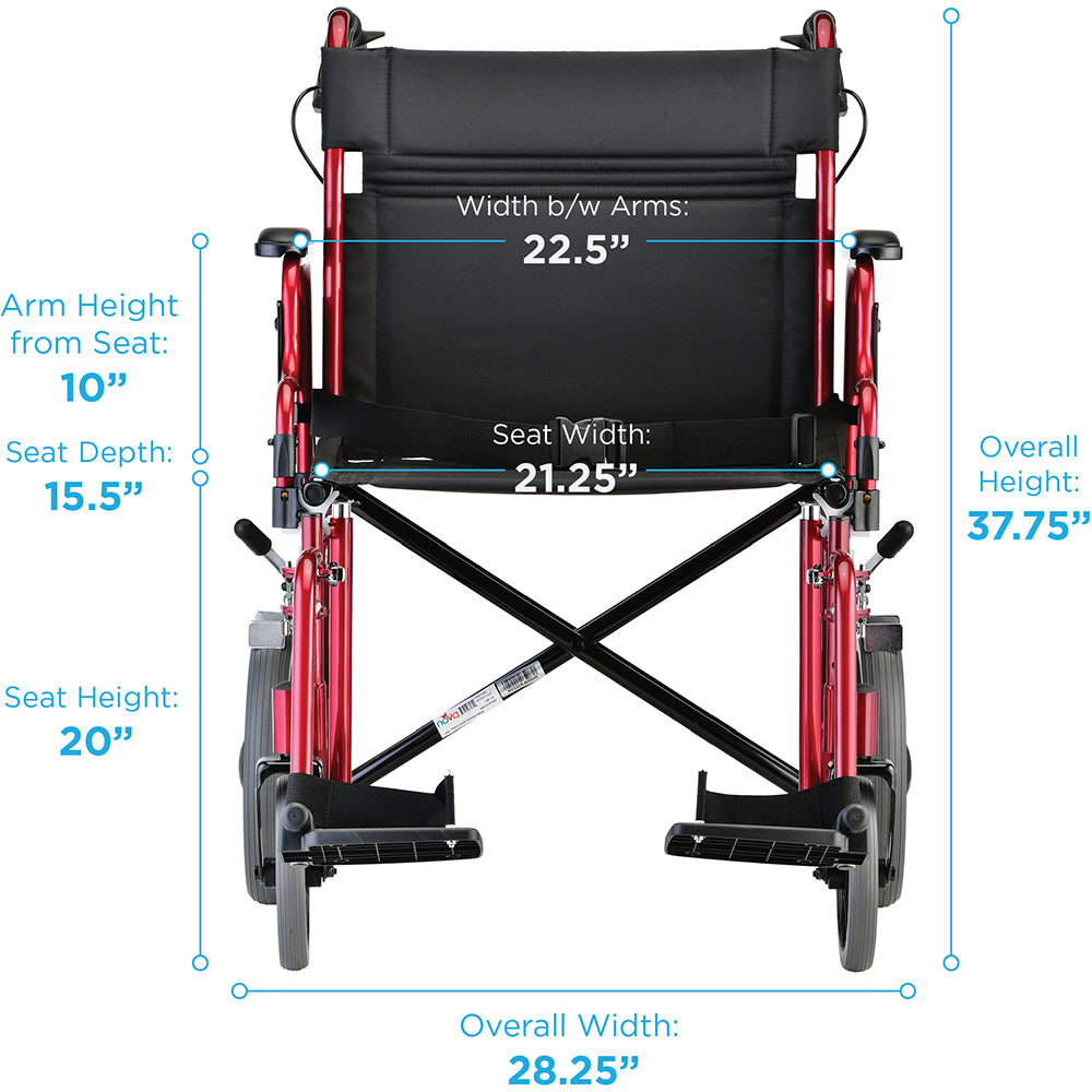 Heavy Duty Transport Chair with 12" Wheels, Hand Brakes, Removable Arms - 22" Extra Wide with Swing Away Red 332R