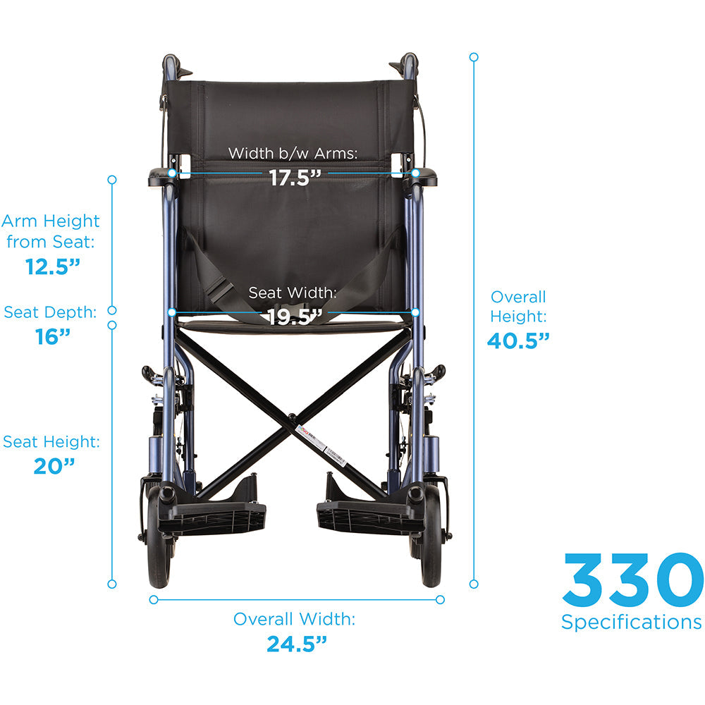 Heavy Duty Transport Chair with 12" Wheels, Hand Brakes, Removable Arms - 22" Extra Wide with Swing Away Blue 332B