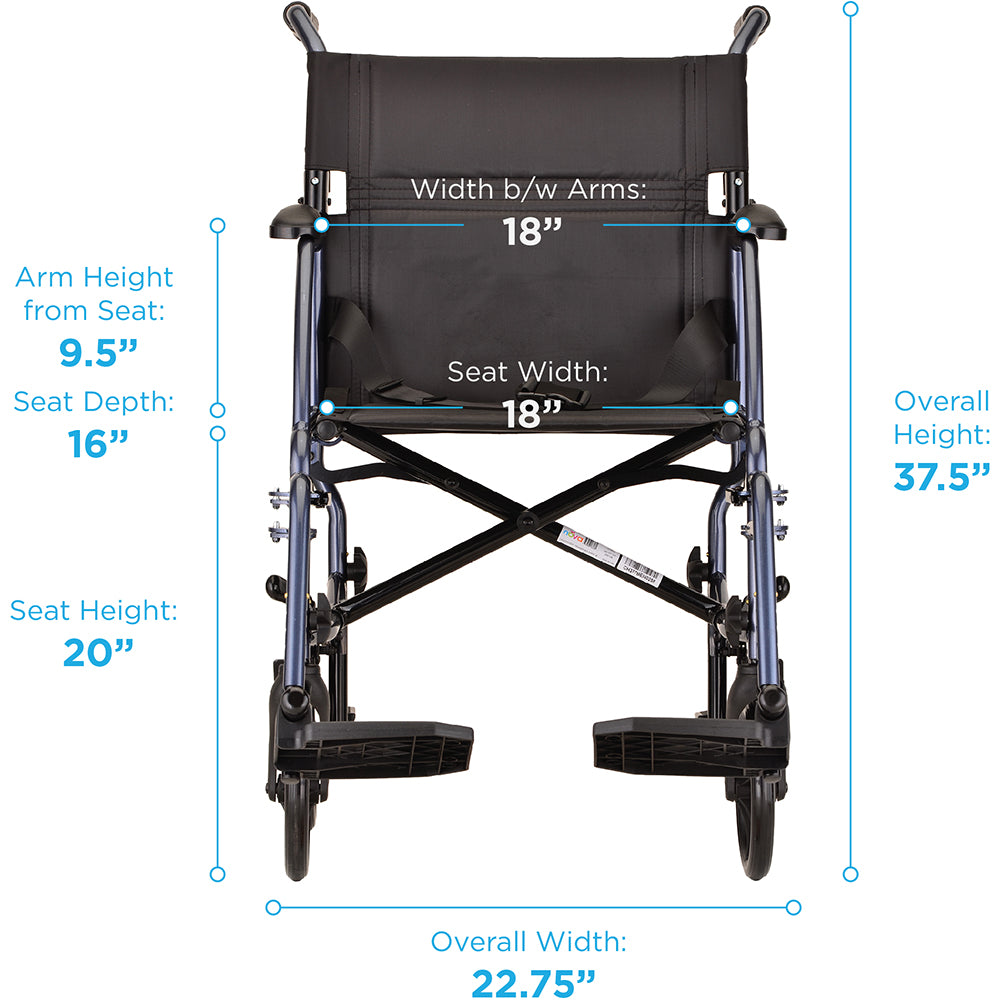 Lightweight Transport Chair with Removable Wheels - 19" with Swing Away Footrests Blue 377B-R