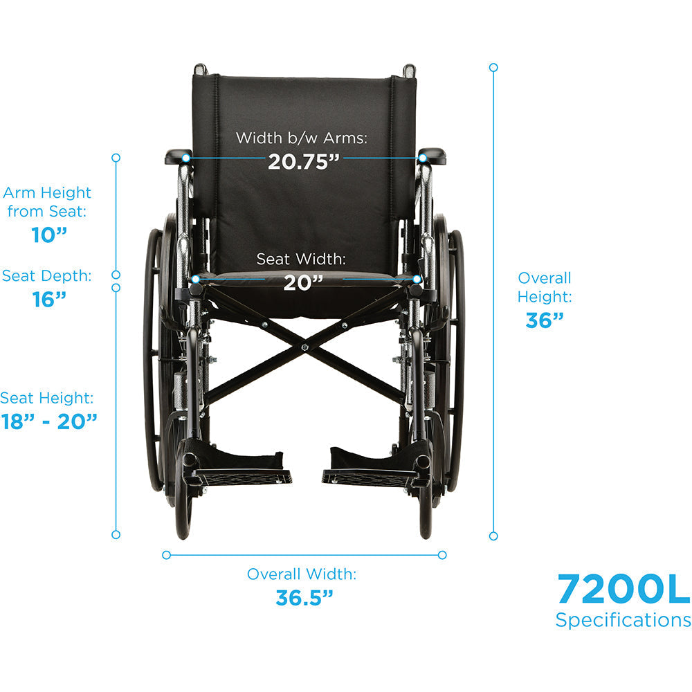 Hammertone Wheelchair - 20" Lightweight With Flip Back Detachable Arms & Swing Away Footrest 7200L