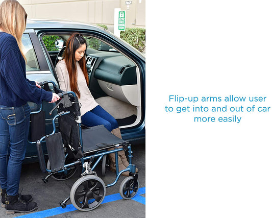 Heavy Duty Transport Chair with 12" Wheels, Hand Brakes, Removable Arms - 22" Extra Wide with Swing Away Blue 332B