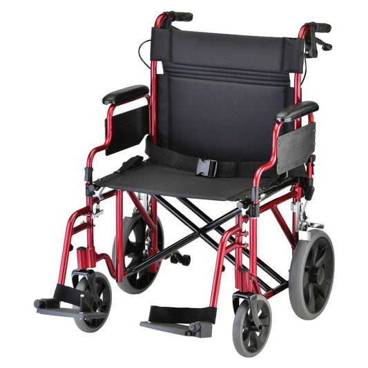 Heavy Duty Transport Chair with 12" Wheels, Hand Brakes, Removable Arms - 22" Extra Wide with Swing Away Red 332R