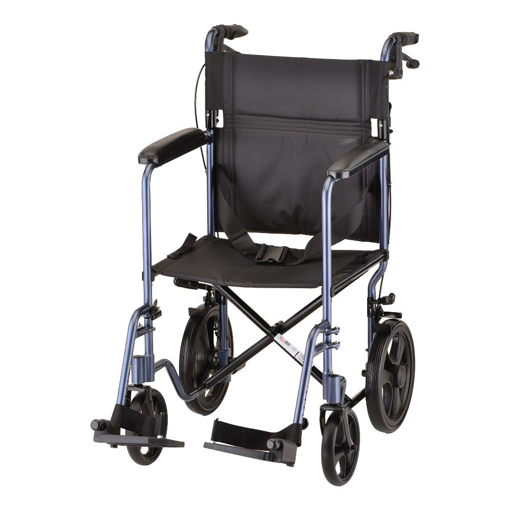 Heavy Duty Transport Chair with 12" Wheels, Hand Brakes, Removable Arms - 22" Extra Wide with Swing Away Blue 332B