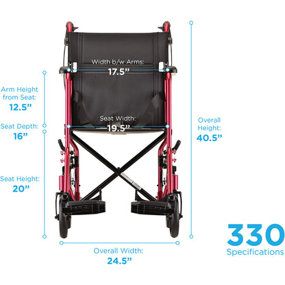 Lightweight Transport Chair with Hand Brakes - 19" with Swing Away Footrests Red 330R