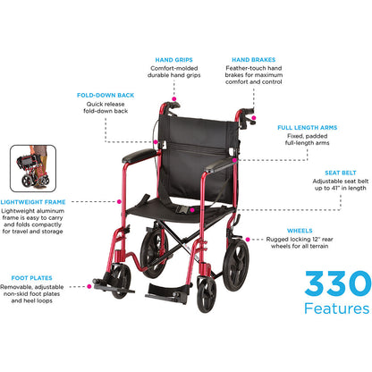 Lightweight Transport Chair with Hand Brakes - 19" with Swing Away Footrests Red 330R