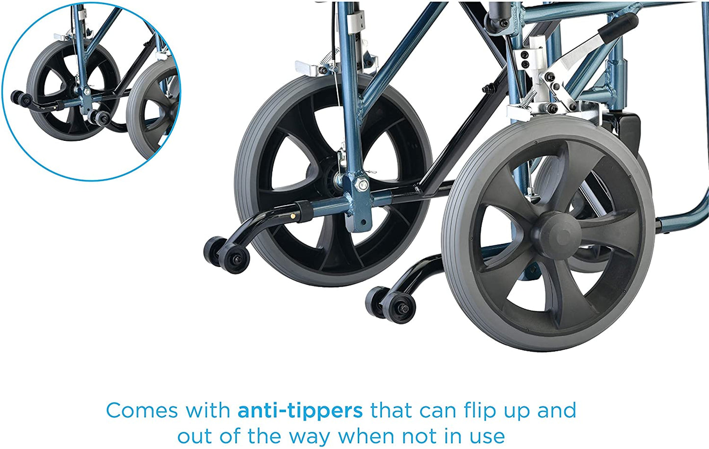 Heavy Duty Transport Chair with 12" Wheels, Hand Brakes, Removable Arms - 22" Extra Wide with Swing Away Blue 332B